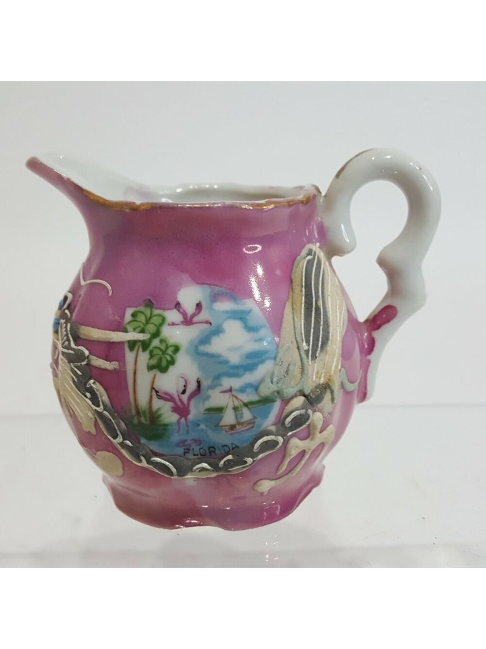 Mini Porcelain Hand-Painted Raised Dragon Creamer Lucky China 4” Tall Pink Gold